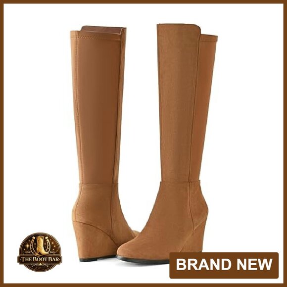 Knee High Wedge Boots Stretchy Suede Side Zipper Almond Toe - Picture 6 of 7